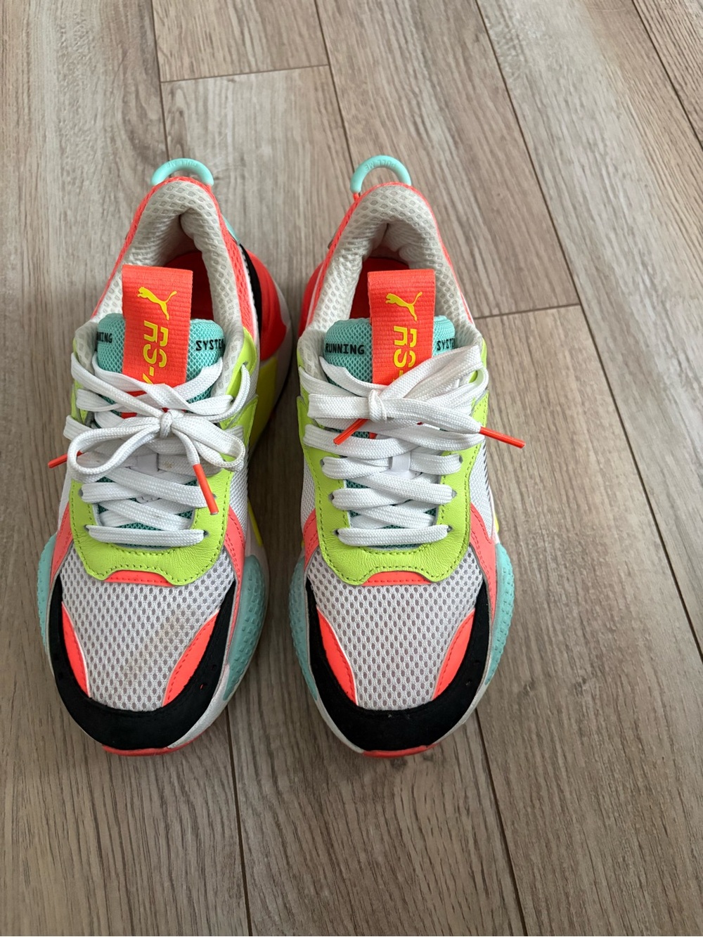 Puma White Mesh Sneakers with Neon Coral, Lime & Aqua Accents